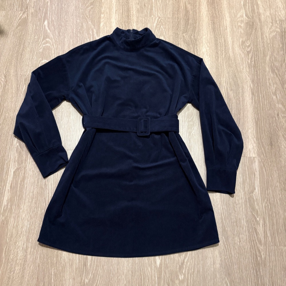 JOA Corduroy Belted Mock Neck Mini Dress Navy Blue Medium